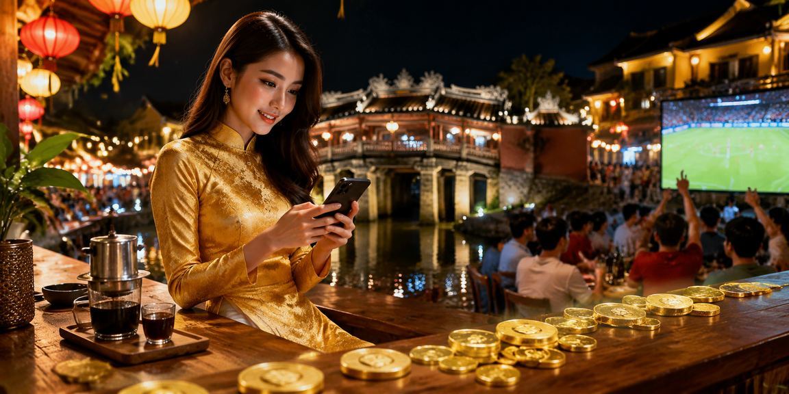 Người dùng mặc áo dài tham gia xổ số trực tuyến trên điện thoại tại phố cổ Hội An